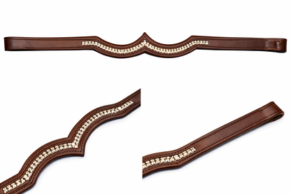 SIE Crown Design Double Genuine Leather Browband for Horse Bridles With White Rhinestone Crystals
