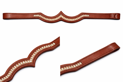 SIE Crown Design Double Genuine Leather Browband for Horse Bridles With White Rhinestone Crystals