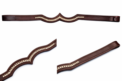 SIE Crown Design Double Genuine Leather Browband for Horse Bridles With White Rhinestone Crystals