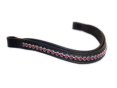SIE Black Leather Horse Padded  Browband with Fuchsia Swarovski Crystals Luxury English Bridle Accessory