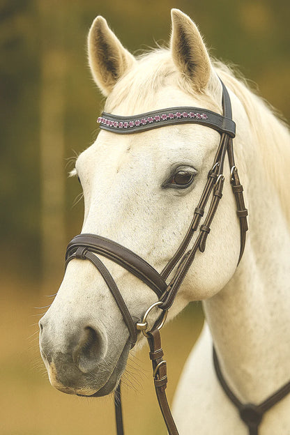 SIE Black Leather Horse Padded  Browband with Fuchsia Swarovski Crystals Luxury English Bridle Accessory