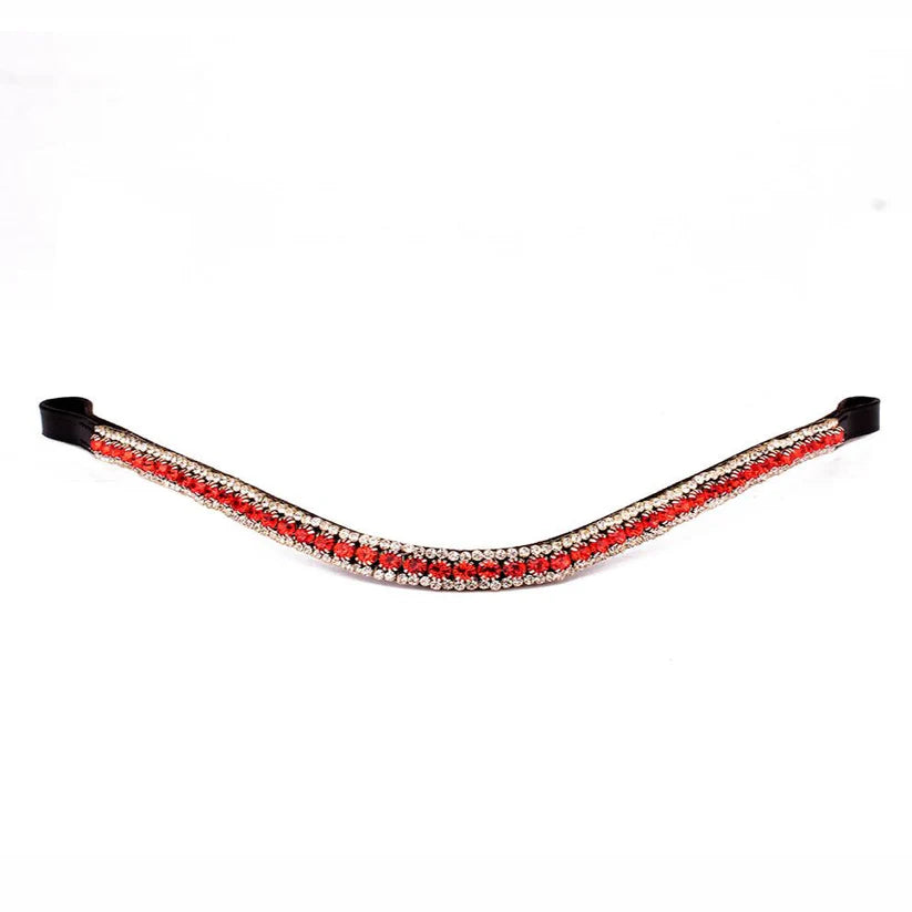 SIE Red Bling Three Row Rhinestone Crystal Horse Leather Browband Luxury English Bridle Accessory
