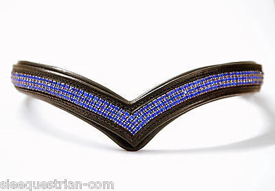 SIE V Shape Blue Rhinestone Crystals Padded Leather Horse Browband Luxury English Bridle Accessory