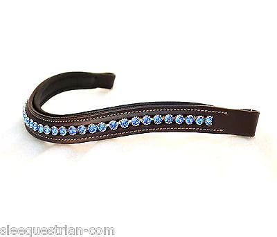 SIE Genuine Leather Padded Browband With Swarovski Coral Blue Crystal Elements English Bridle Accessory