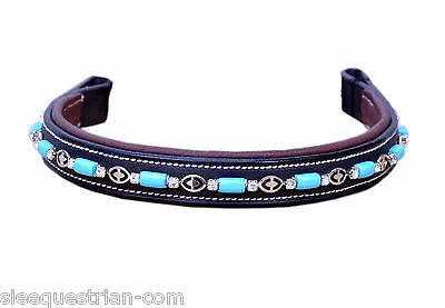 SIE Genuine Leather Horse Browband Padded Bridle Browband with Turquoise Beads | Premium Equestrian Tack