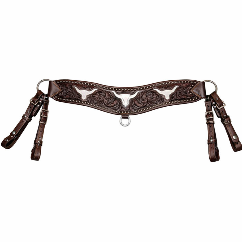 SIE Sunspots Floral Tooled Longhorn Inlaid Tripper Collar – Double Layer Leather Western Breast Collar