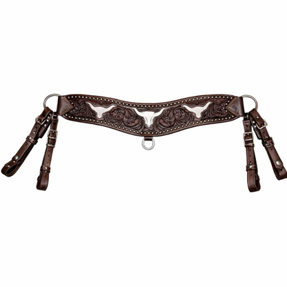 SIE Sunspots Floral Tooled Longhorn Inlaid Tripper Collar – Double Layer Leather Western Breast Collar