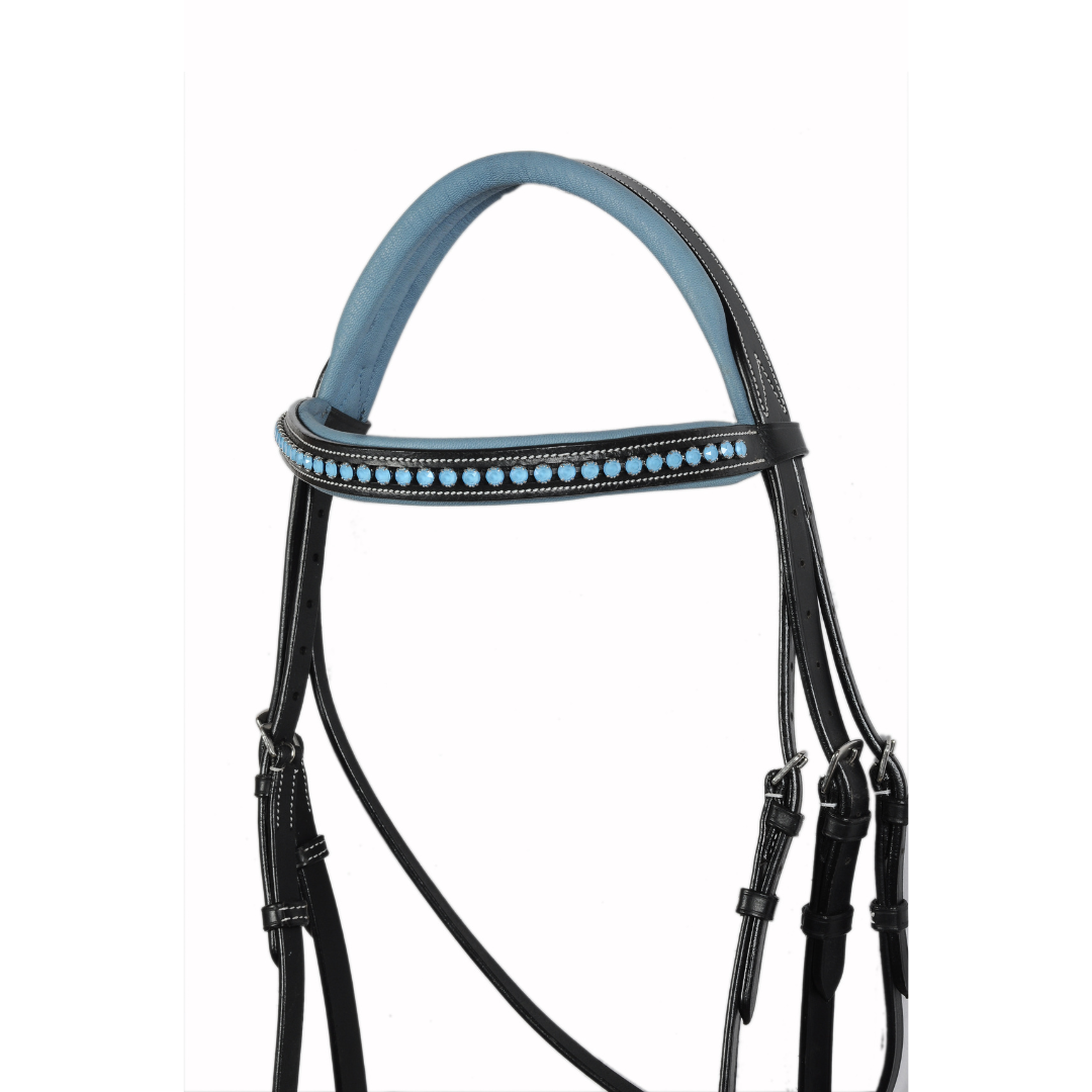 SIE Blue Crystals Single Row Leather Show Bridle with Reins Padded Anatomic Design