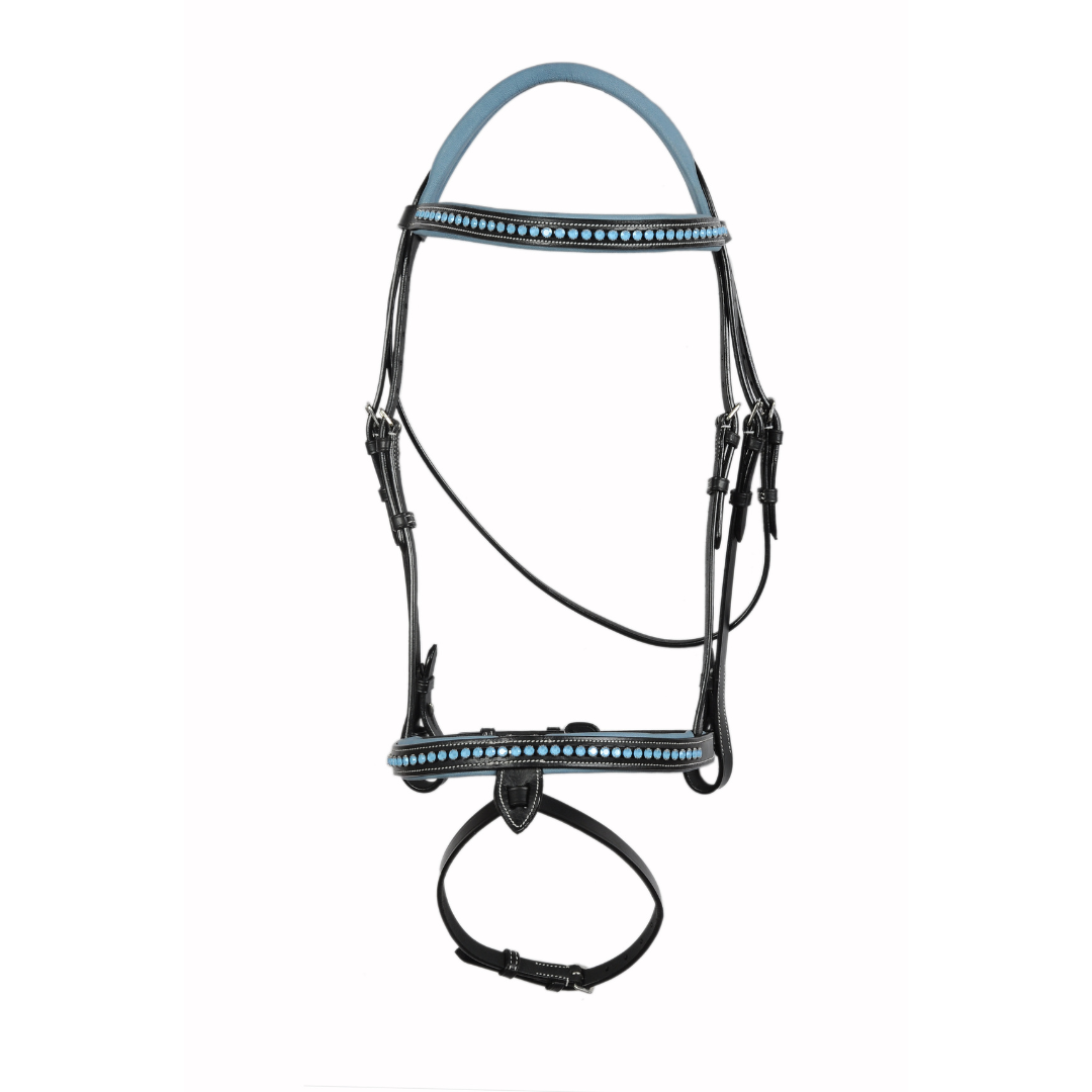 SIE Blue Crystals Single Row Leather Show Bridle with Reins Padded Anatomic Design