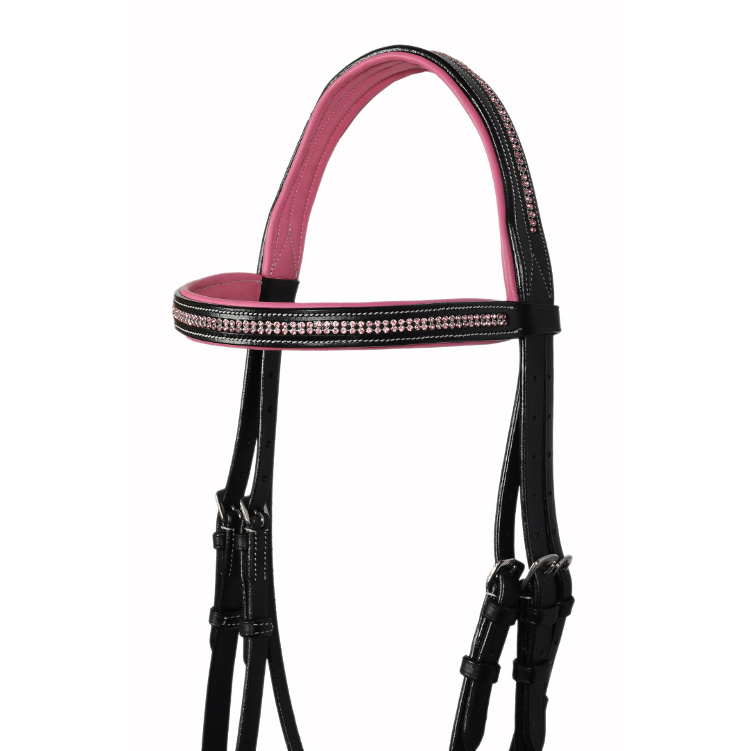 SIE Two Row Crystal Leather Padded Bridle – Premium Show Bridle with Clear Crystals