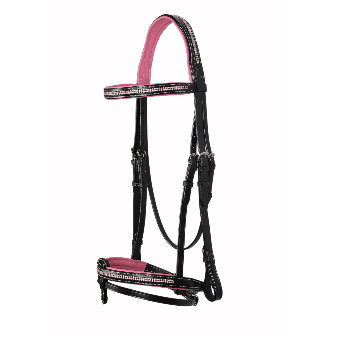 SIE Two Row Crystal Leather Padded Bridle – Premium Show Bridle with Clear Crystals