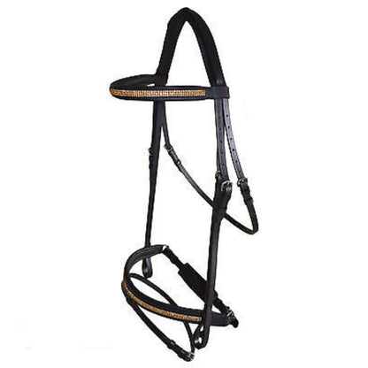 SIE Premium Black Leather Crank Bridle with Triple Row Gold Crystals Soft Padded Horse Bridle Adjustable