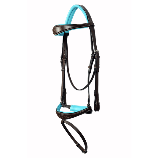 SIE Teal Padded Fancy Stitch Anatomic Genuine Leather Show Bridle Soft Leather Padding Fancy Stitch Browband & Noseband