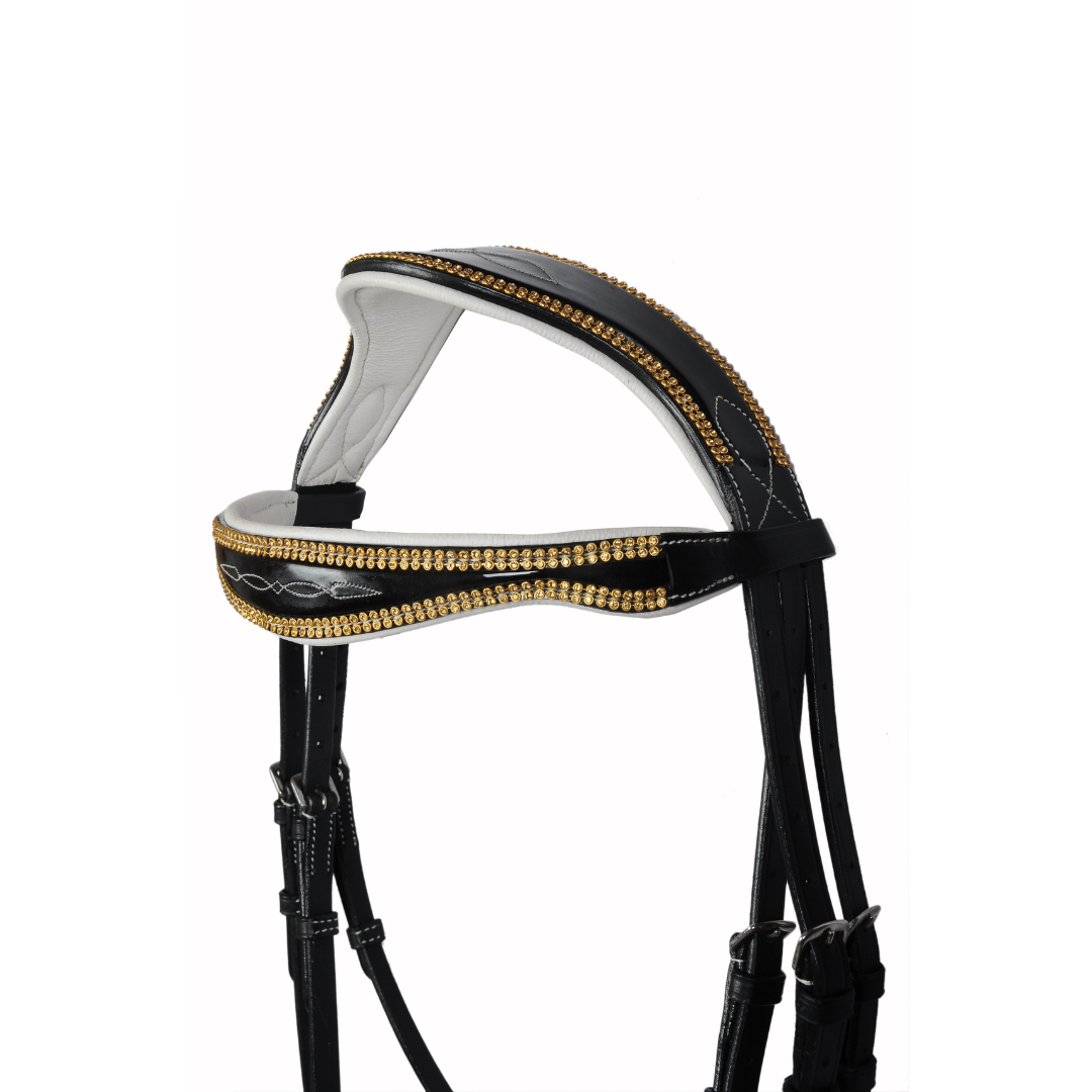 SIE Fancy Stitched Leather Horse Bridle Gold Crystal Browband & Noseband Padded Dressage Bridle