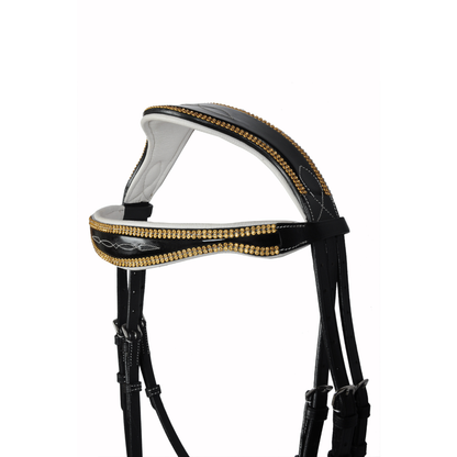 SIE Fancy Stitched Leather Horse Bridle Gold Crystal Browband & Noseband Padded Dressage Bridle