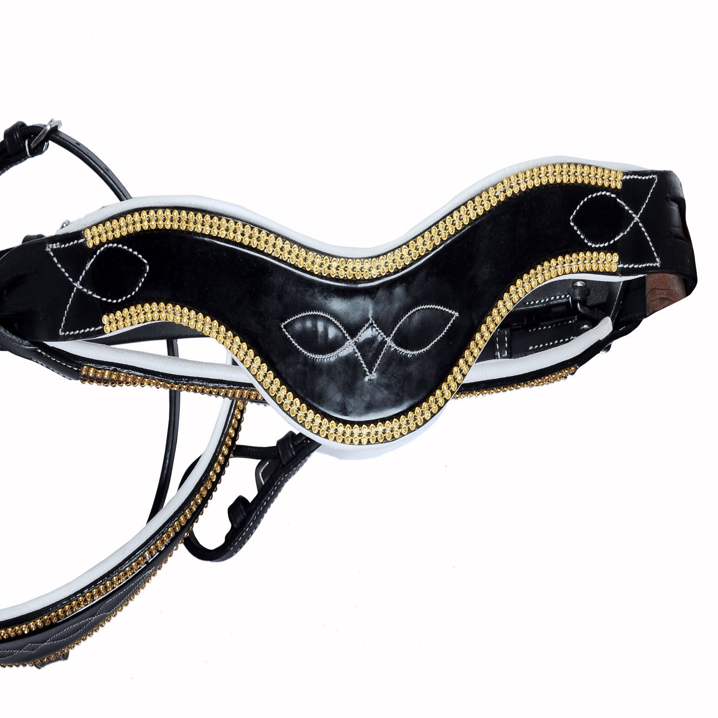 SIE Fancy Stitched Leather Horse Bridle Gold Crystal Browband & Noseband Padded Dressage Bridle