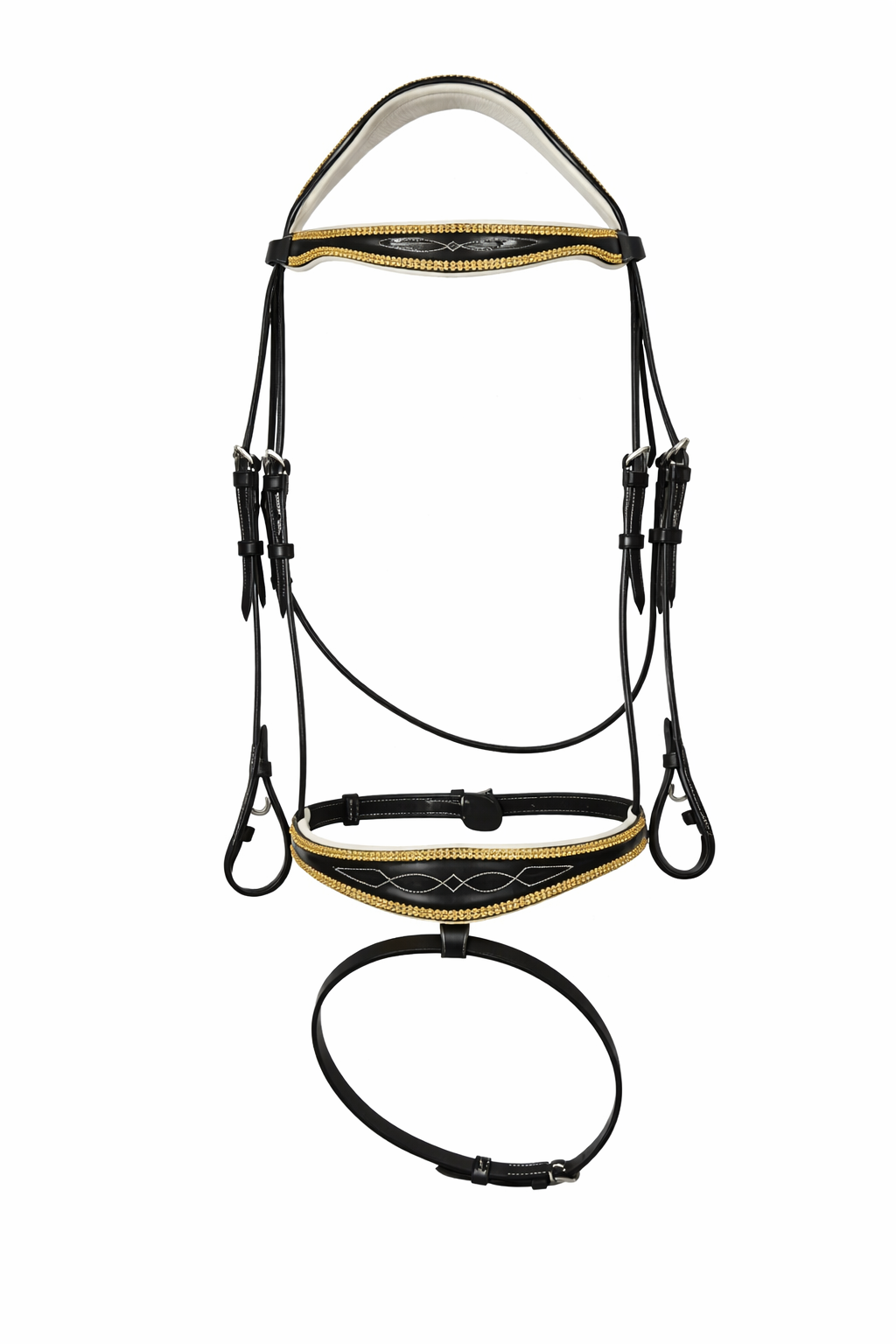 SIE Fancy Stitched Leather Horse Bridle Gold Crystal Browband & Noseband Padded Dressage Bridle