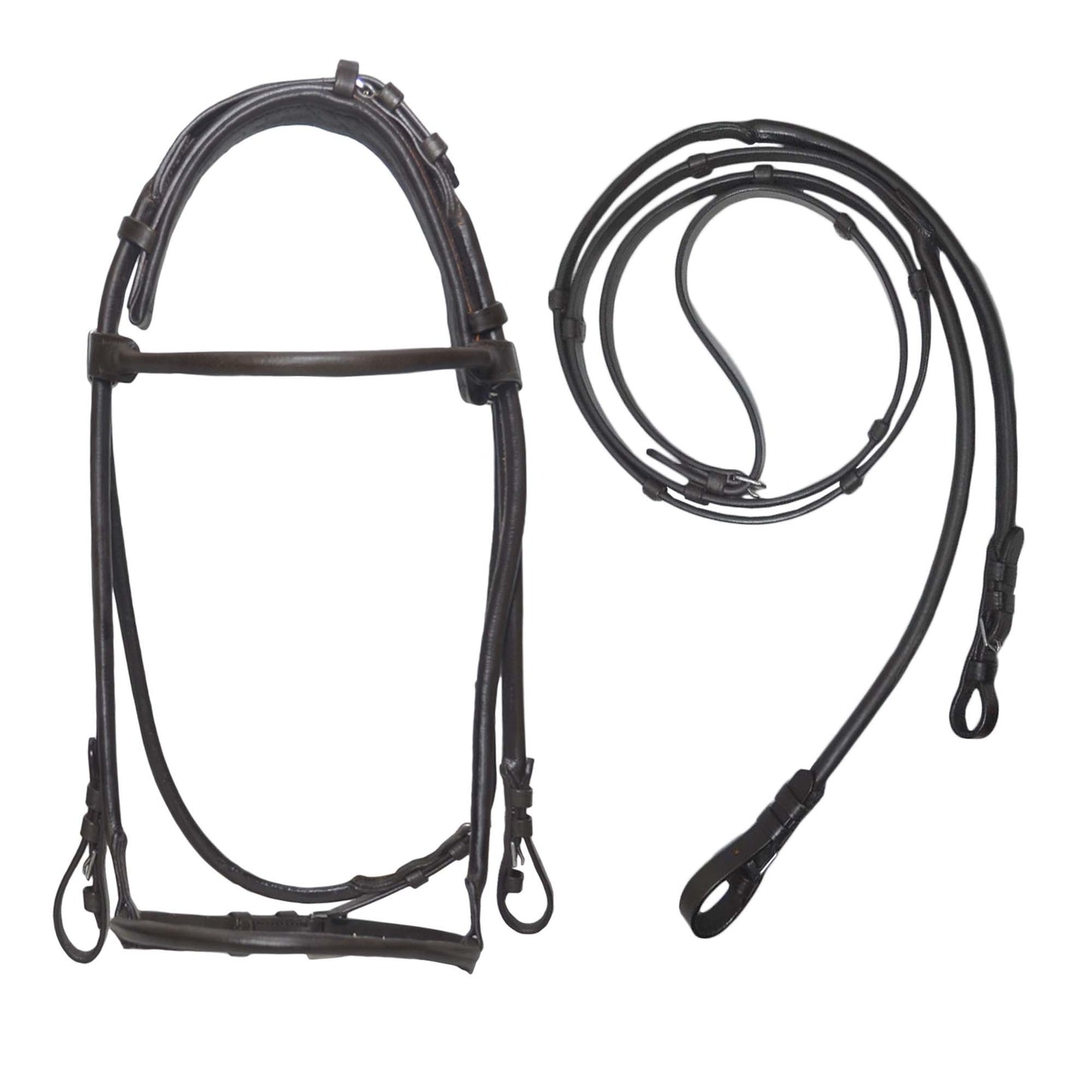 SIE Premium Rolled Leather Horse Bridle Padded Crown Matching Reins Dressage Bridle