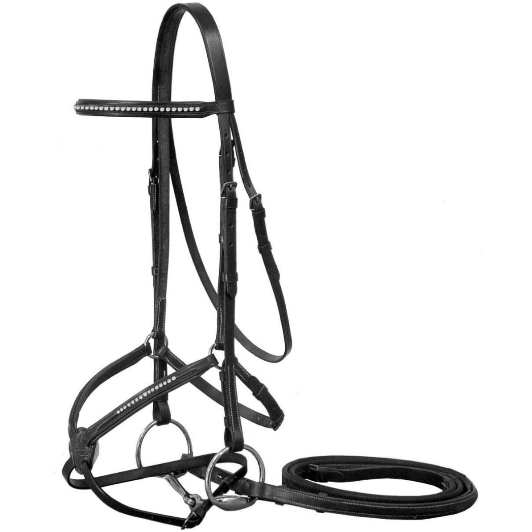 SIE Figure 8 Crystal Horse Leather Bridle with Reins  Padded Fleece Comfort Fancy Stitching
