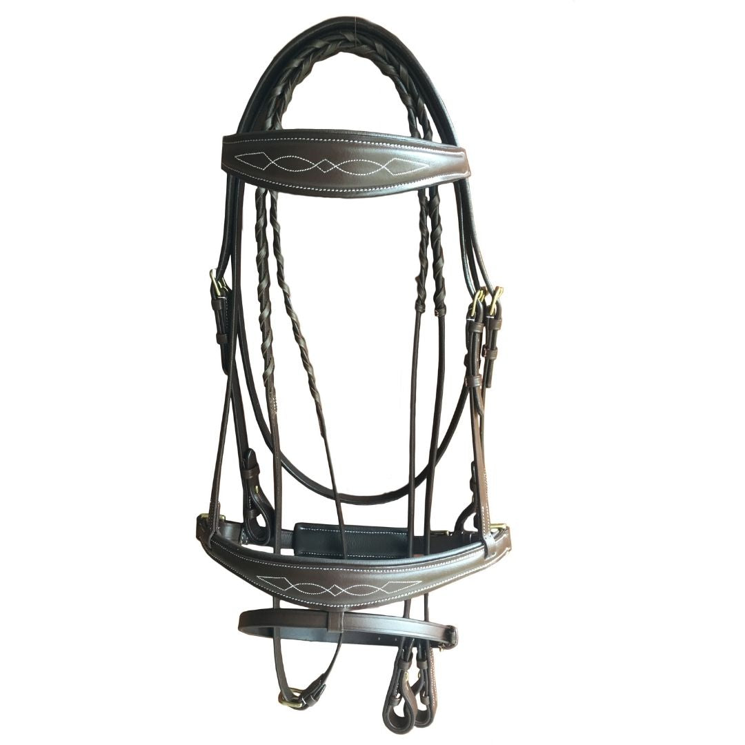 SIE Genuine Leather Padded Fancy Stitch Jump Bridle with Reins Raised Anatomic Leather Show Bridle for Horses