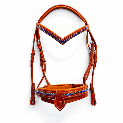 SIE Genuine Leather Padded Show Horse Bridle with Blue Swarovski Crystals Fancy Raised Leather Horse Bridle with Flash, Designer Crown