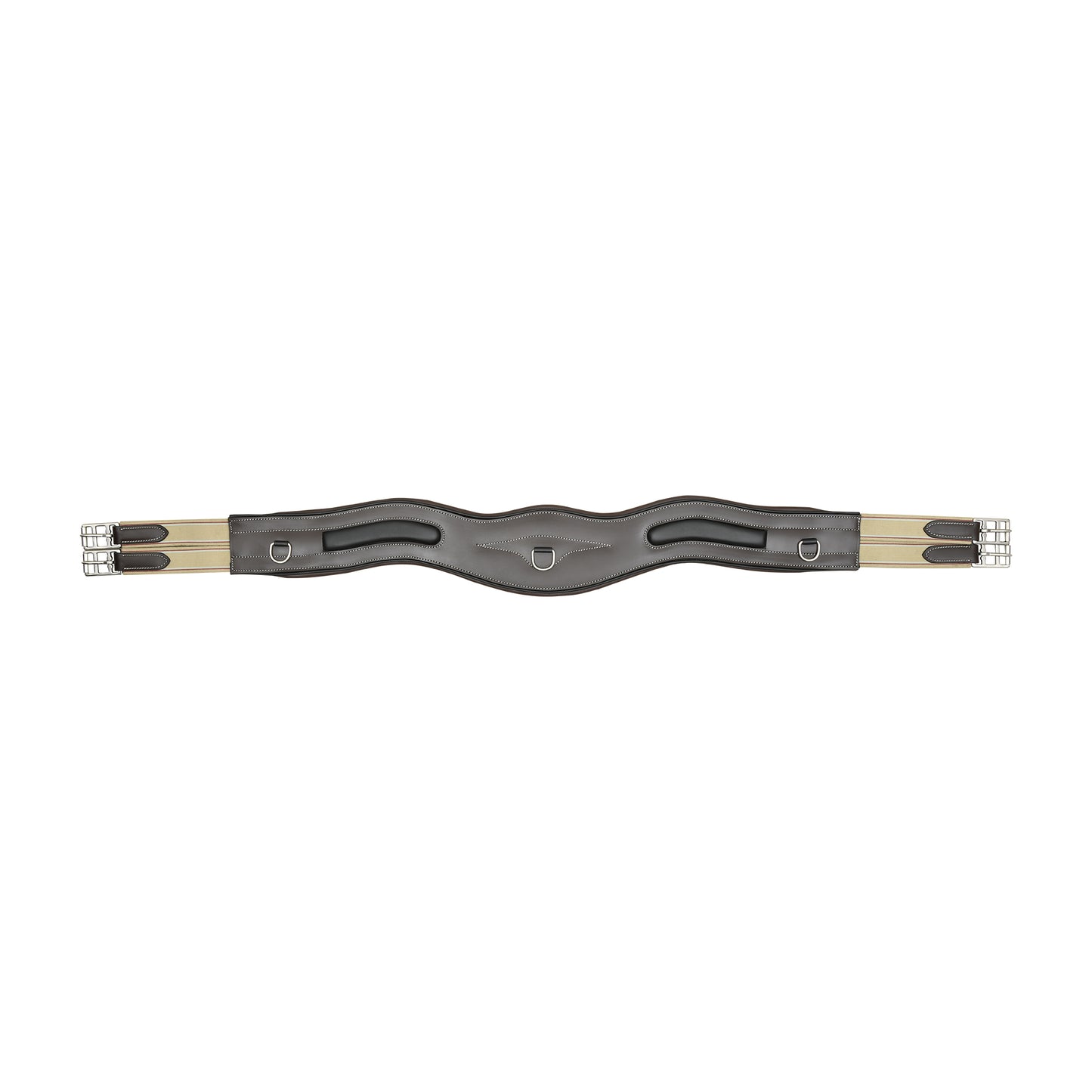 SIE Anatomic Window Leather Horse Girth Handcrafted Wave Shape Soft Padded Comfort With Triple Elastic Ends & SS Roller Buckles