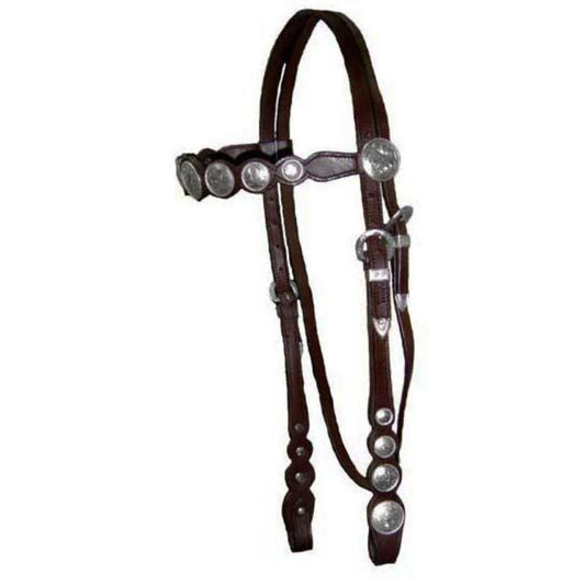 SIE Leather Horse Headstall with Hand Engraved Silver Conchos Horse Bridle for Show & Trail