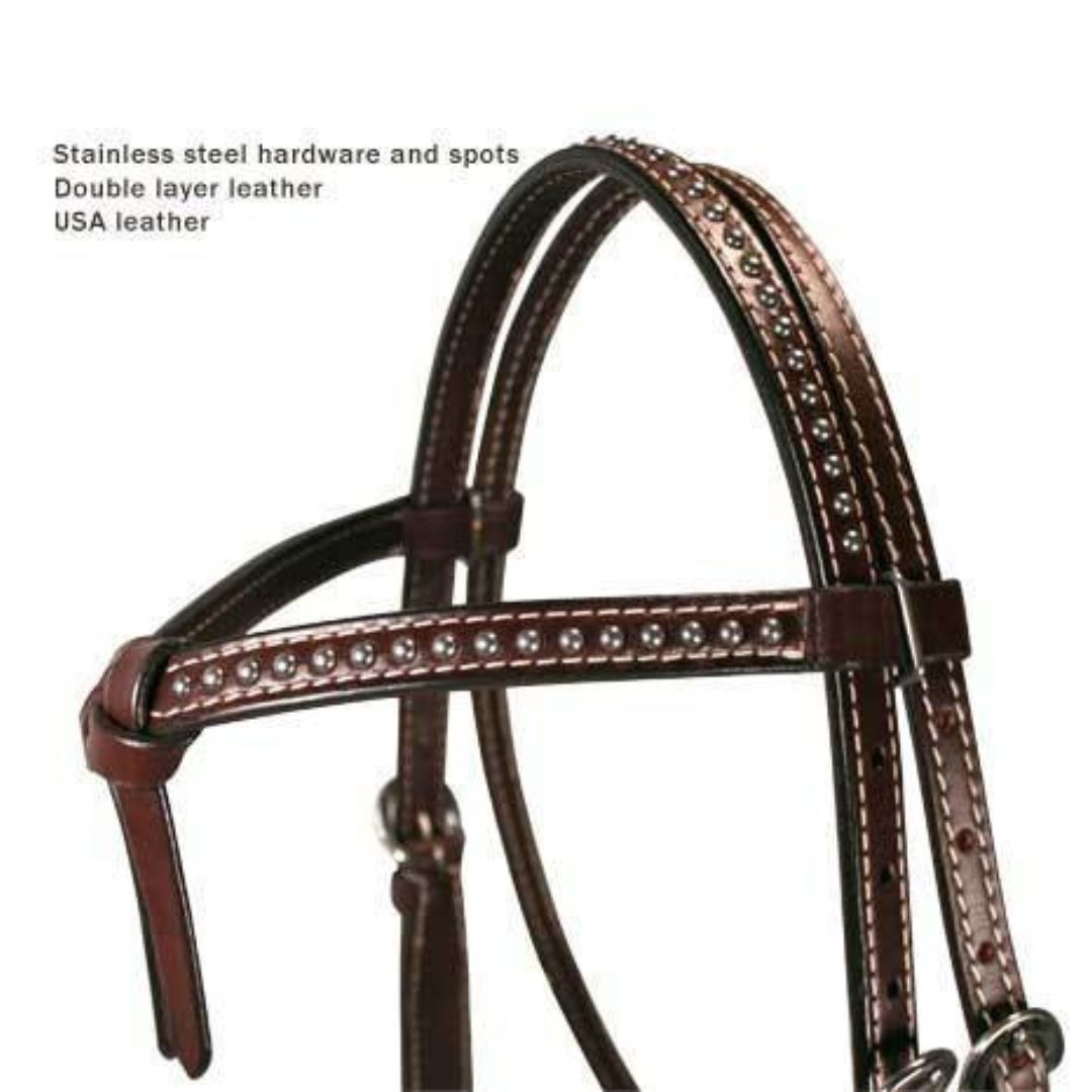 SIE Leather Horse Headstall Knotted Browband – Western Headstall with Spotted Design & Stainless Steel Hardware