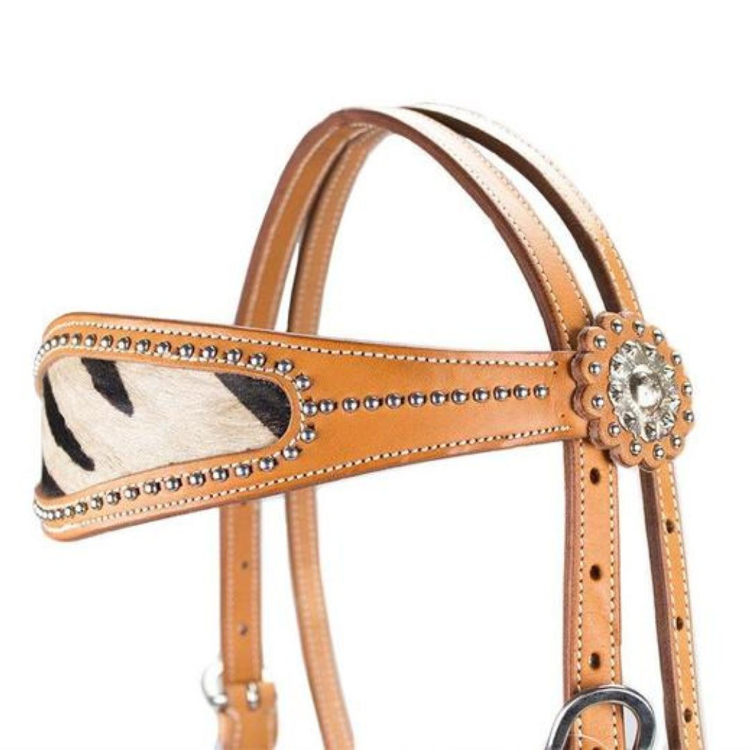 SIE Zebra Print Inlay Leather Hair-On Headstall – Double Layer Leather Western Headstall with Decorative Spots
