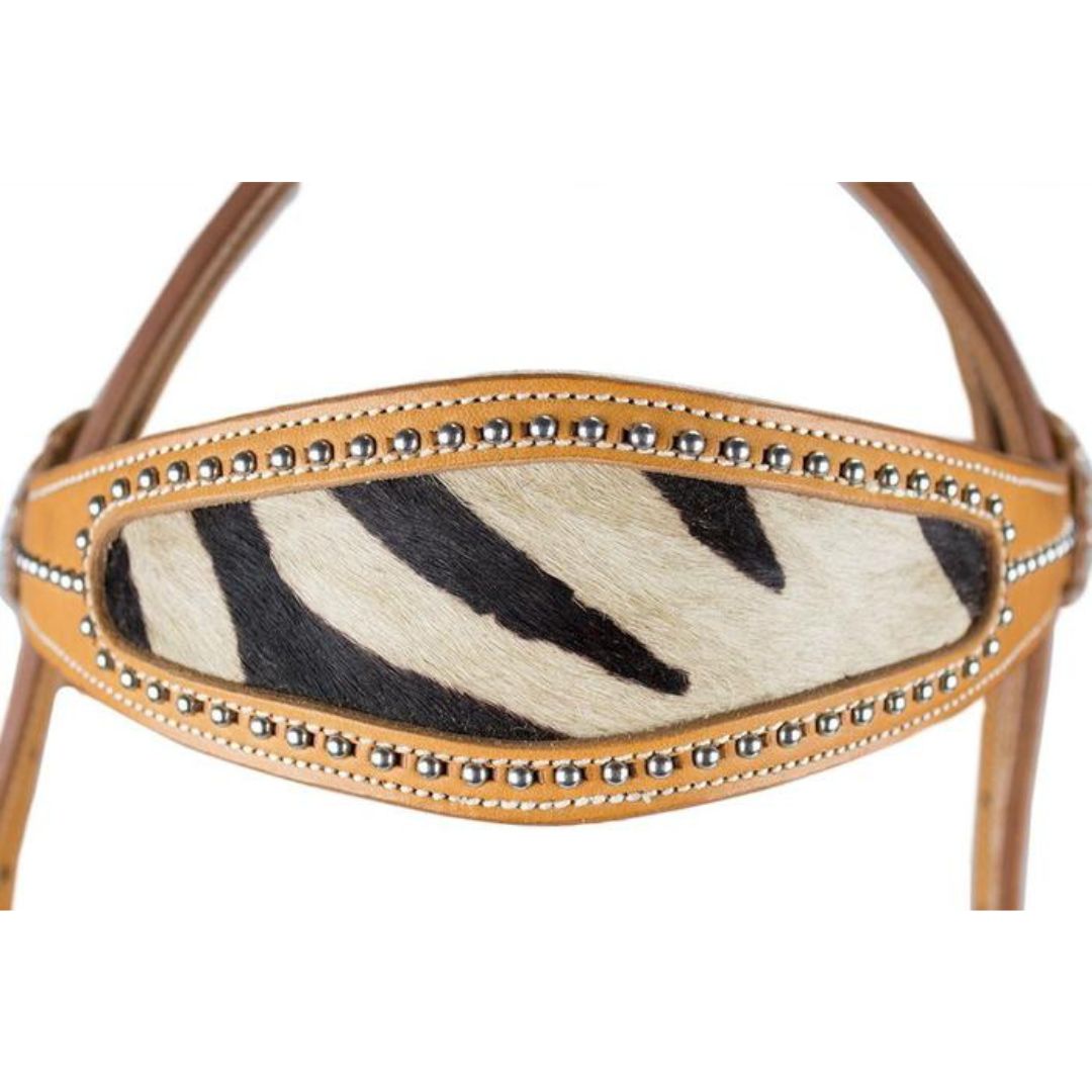 SIE Zebra Print Inlay Leather Hair-On Headstall – Double Layer Leather Western Headstall with Decorative Spots