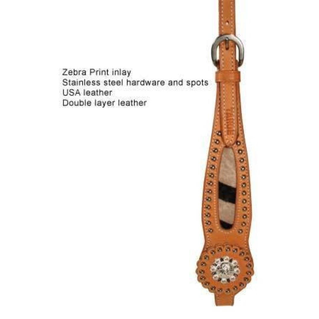 SIE Zebra Print Inlay Leather Hair-On Headstall – Double Layer Leather Western Headstall with Decorative Spots