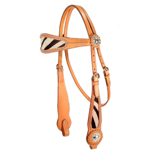 SIE Zebra Print Inlay Leather Hair-On Headstall – Double Layer Leather Western Headstall with Decorative Spots