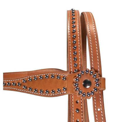 Brown leather headstall with metal studs on a white background