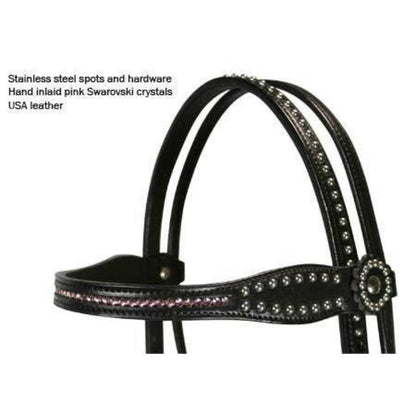 SIE Genuine Leather Horse Headstall - Double Layer Headstall with Pink Swarovski Crystals & Spot Combo with Stainless Steel Hardware