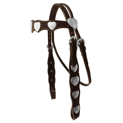 SIE Genuine Leather Headstall with Reins – Western Headstall & Reins Set with Engraved Silver Heart Conchos