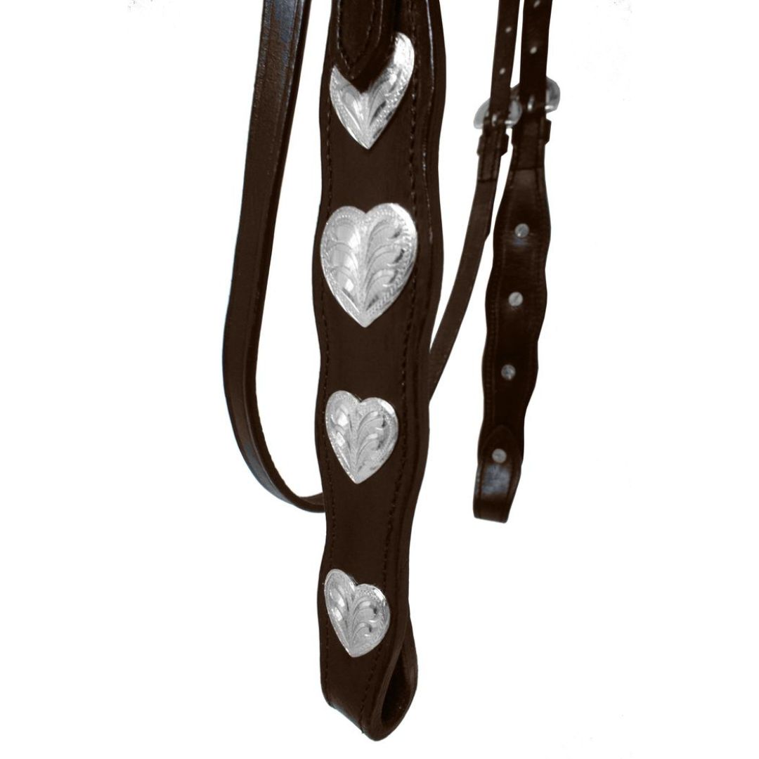 SIE Genuine Leather Headstall with Reins – Western Headstall & Reins Set with Engraved Silver Heart Conchos