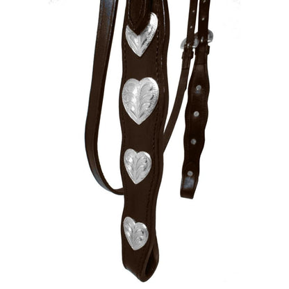 SIE Genuine Leather Headstall with Reins – Western Headstall & Reins Set with Engraved Silver Heart Conchos