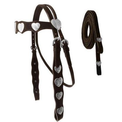 SIE Genuine Leather Headstall with Reins – Western Headstall & Reins Set with Engraved Silver Heart Conchos