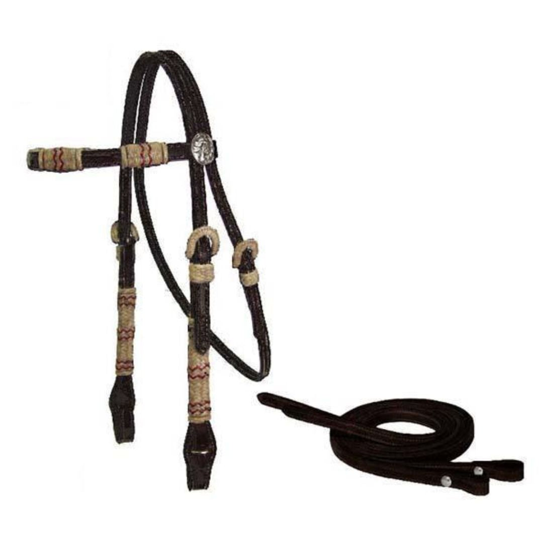 SIE Genuine Leather Headstall & Reins with Hand Braided Rawhide Western Headstall & Reins Set