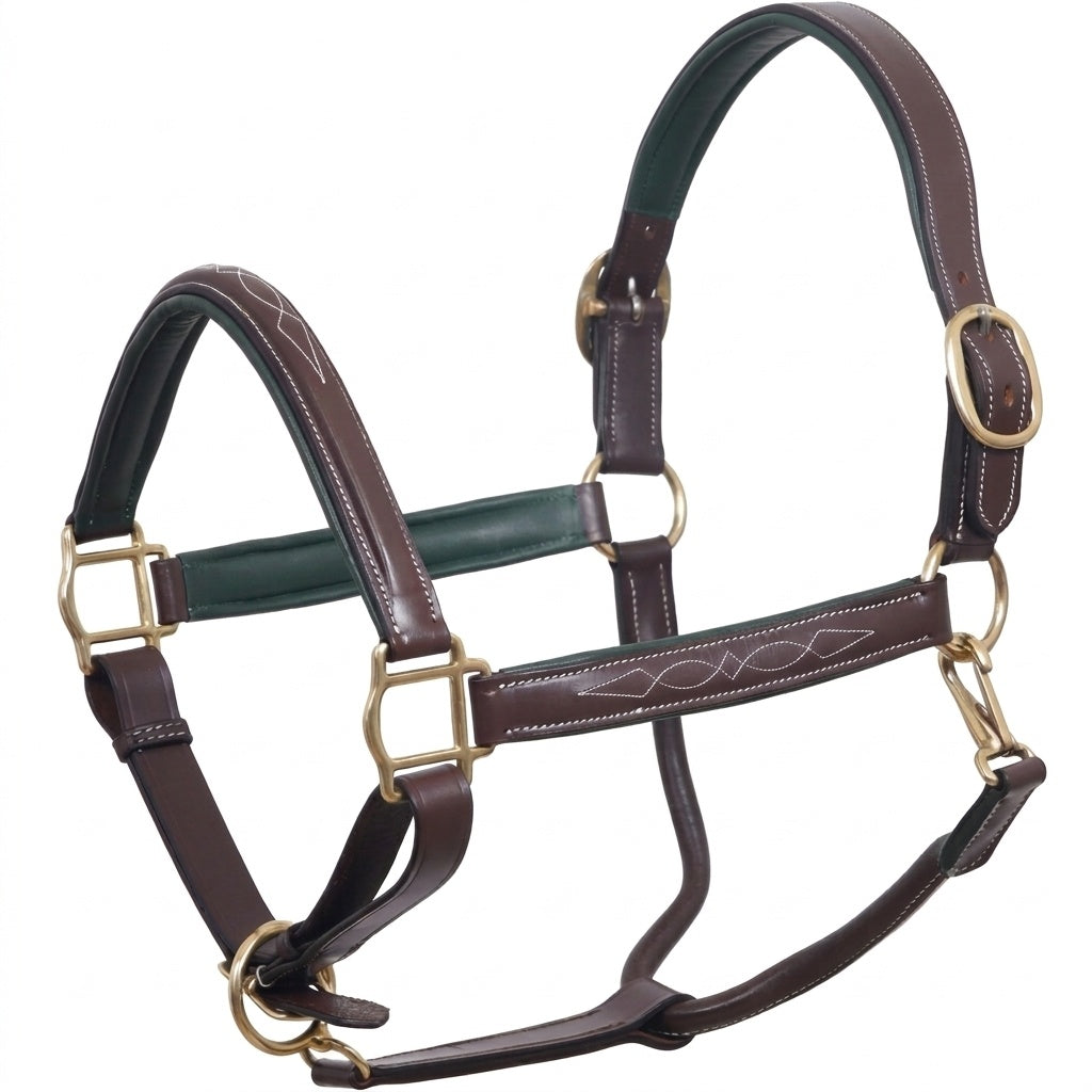 SIE Genuine Leather Horse Halter with Padding Durable Fancy Raised Stitching Solid Brass Hardware