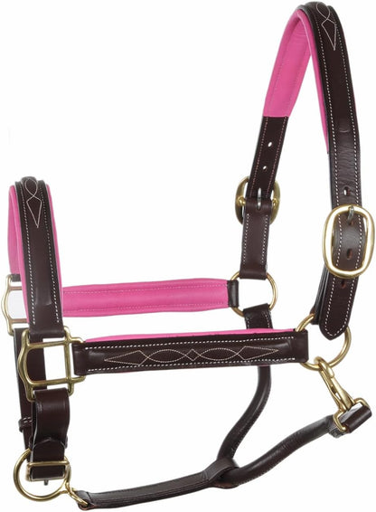 SIE Genuine Leather Horse Halter with Padding Durable Fancy Raised Stitching Solid Brass Hardware