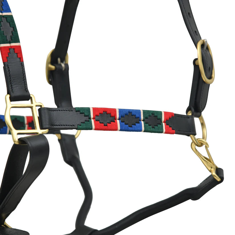 SIE Polo Leather Adjustable Horse Halter Premium Handcrafted Leather Headcollar with Thread Design Solid Brass Hardware