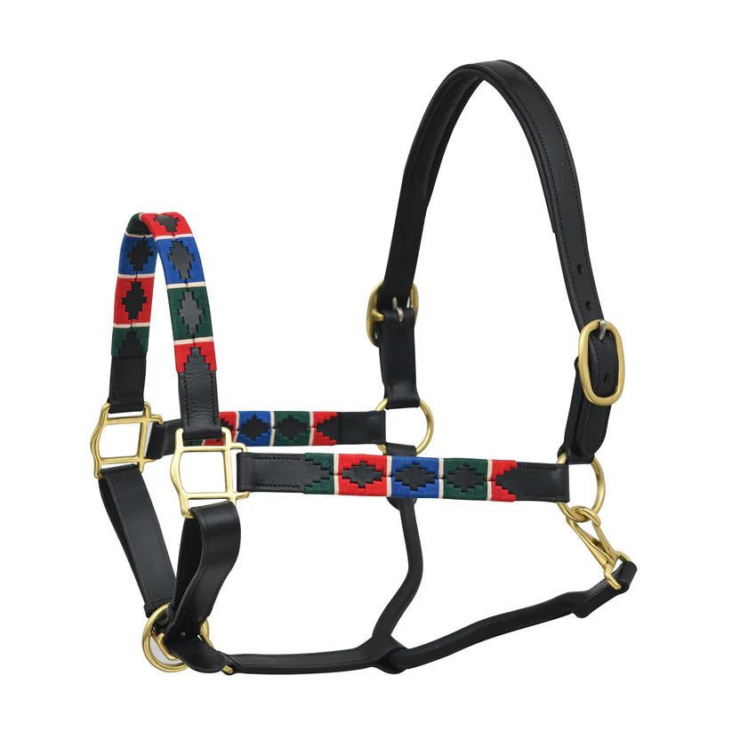 SIE Polo Leather Adjustable Horse Halter Premium Handcrafted Leather Headcollar with Thread Design Solid Brass Hardware