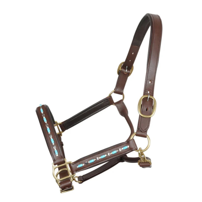 SIE Equestrian Turquoise Beaded Leather Padded Show Horse Halter with Brass Hardware