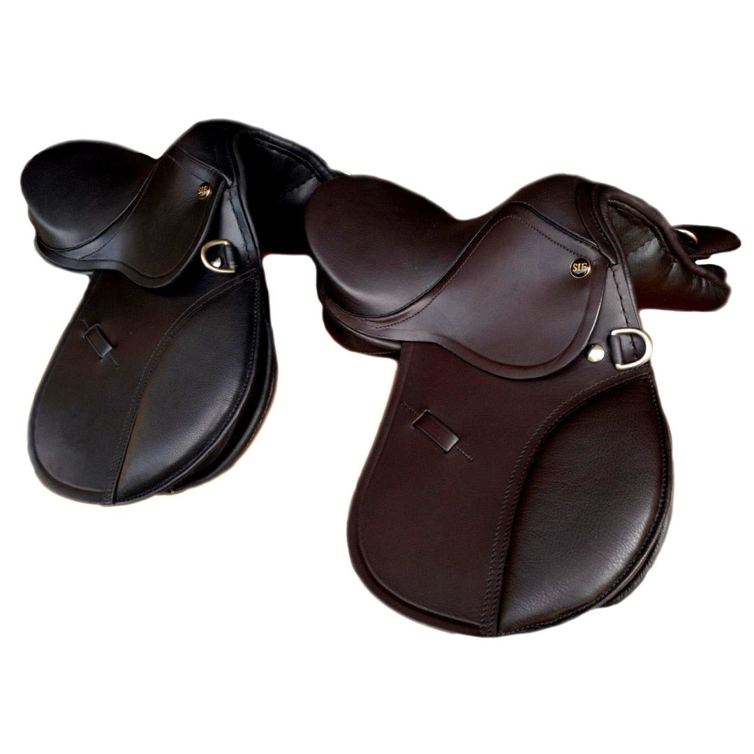 SIE English Jumping Leather Horse & Pony Saddle for Kids (10”–15”)Fiber Flex Tree Wool Flocked Panels