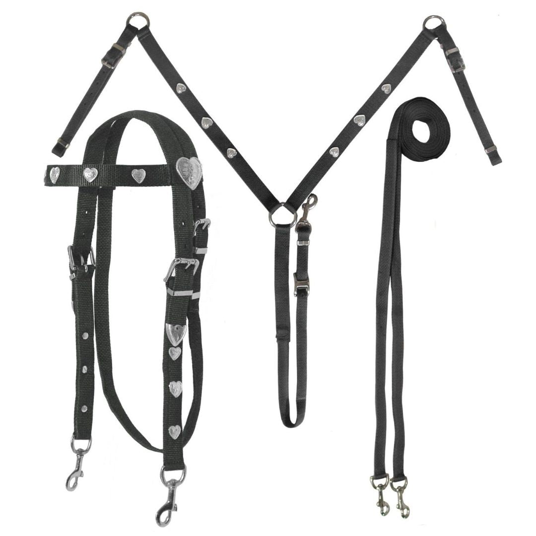 SIE Silver Heart Nylon Horse Headstall & Breast Collar & Reins Tack Set Durable Double Ply Nylon