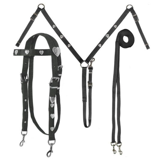 SIE Silver Heart Nylon Horse Headstall & Breast Collar & Reins Tack Set Durable Double Ply Nylon