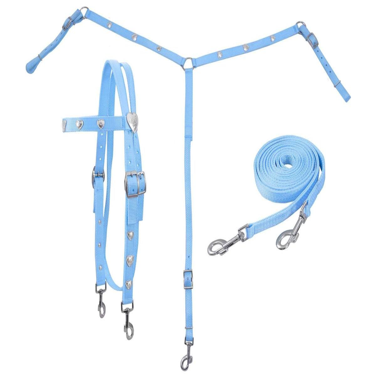 SIE Silver Heart Nylon Horse Headstall & Breast Collar & Reins Tack Set Durable Double Ply Nylon