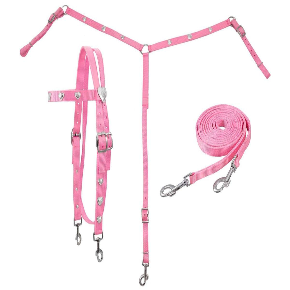 SIE Silver Heart Nylon Horse Headstall & Breast Collar & Reins Tack Set Durable Double Ply Nylon