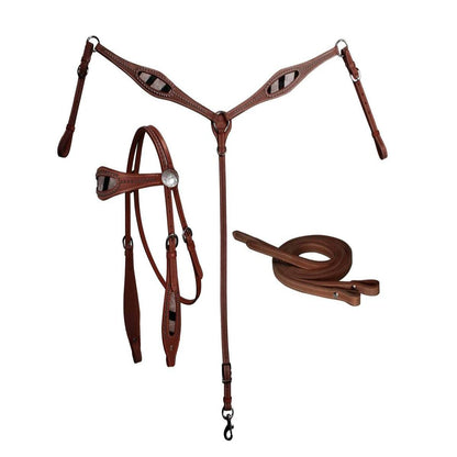 SIE Zebra Print Inlaid Leather Headstall, Breast Collar & Reins Tack Set - Western Horse Tack with Silver Sunspots Conchos